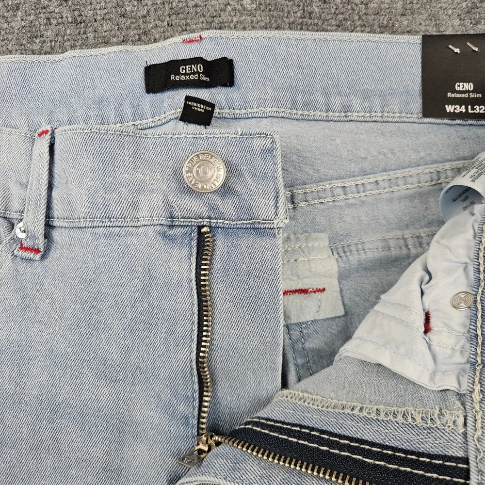 $184 True Religion Mens Geno Relaxed Slim Patch Jeans Light Journey Wash W34 L32